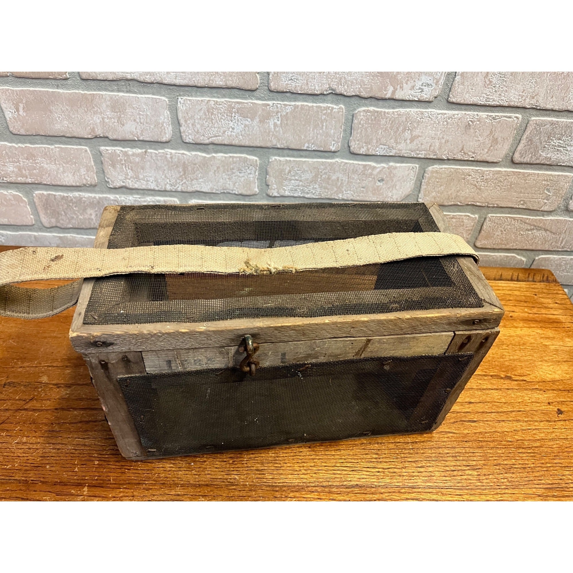 Antique Wooden Cricket Fishing Bait Box Wire Screen Carrier Primitive Cage Handmade 1920s Cabin Decor