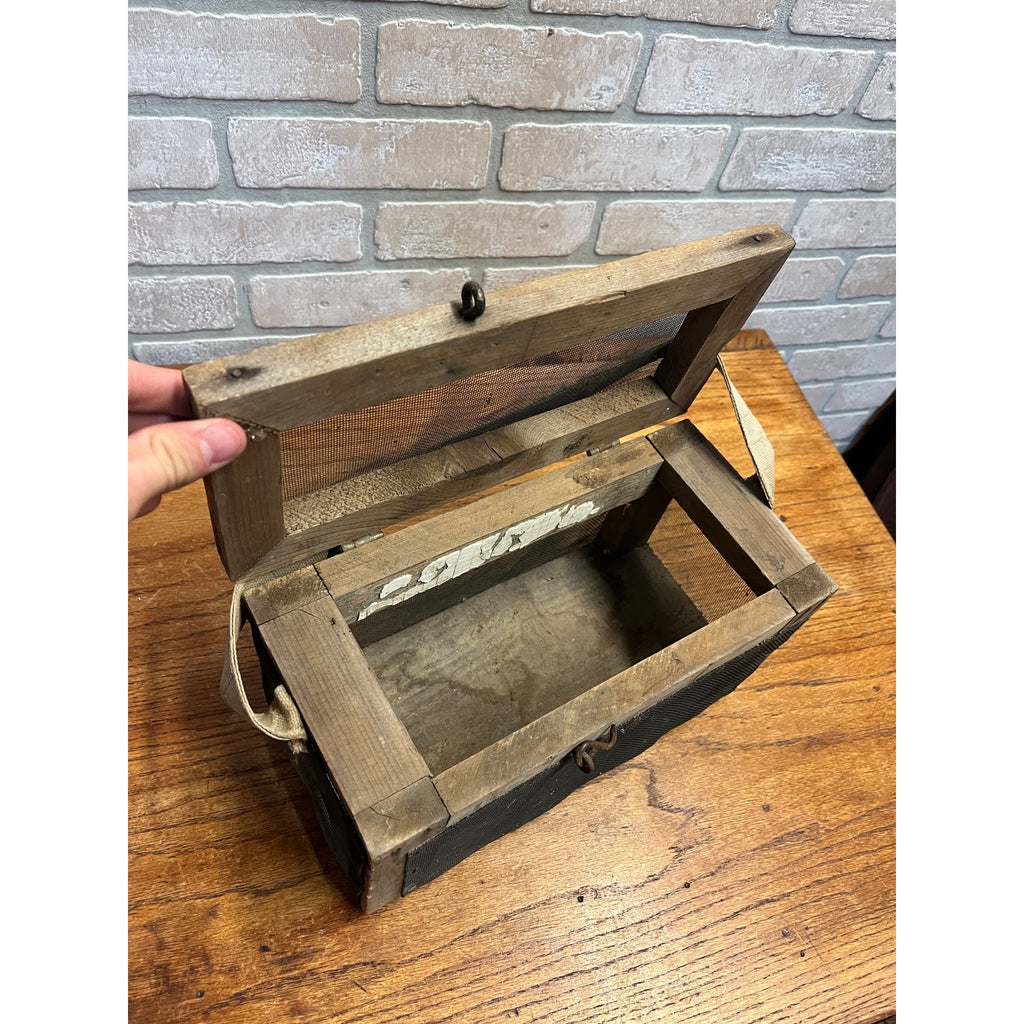 Antique Wooden Cricket Fishing Bait Box Wire Screen Carrier Primitive Cage Handmade 1920s Cabin Decor