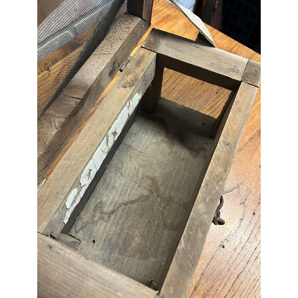 Antique Wooden Cricket Fishing Bait Box Wire Screen Carrier Primitive Cage Handmade 1920s Cabin Decor