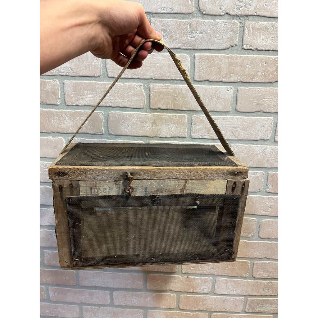 Antique Wooden Cricket Fishing Bait Box Wire Screen Carrier Primitive Cage Handmade 1920s Cabin Decor
