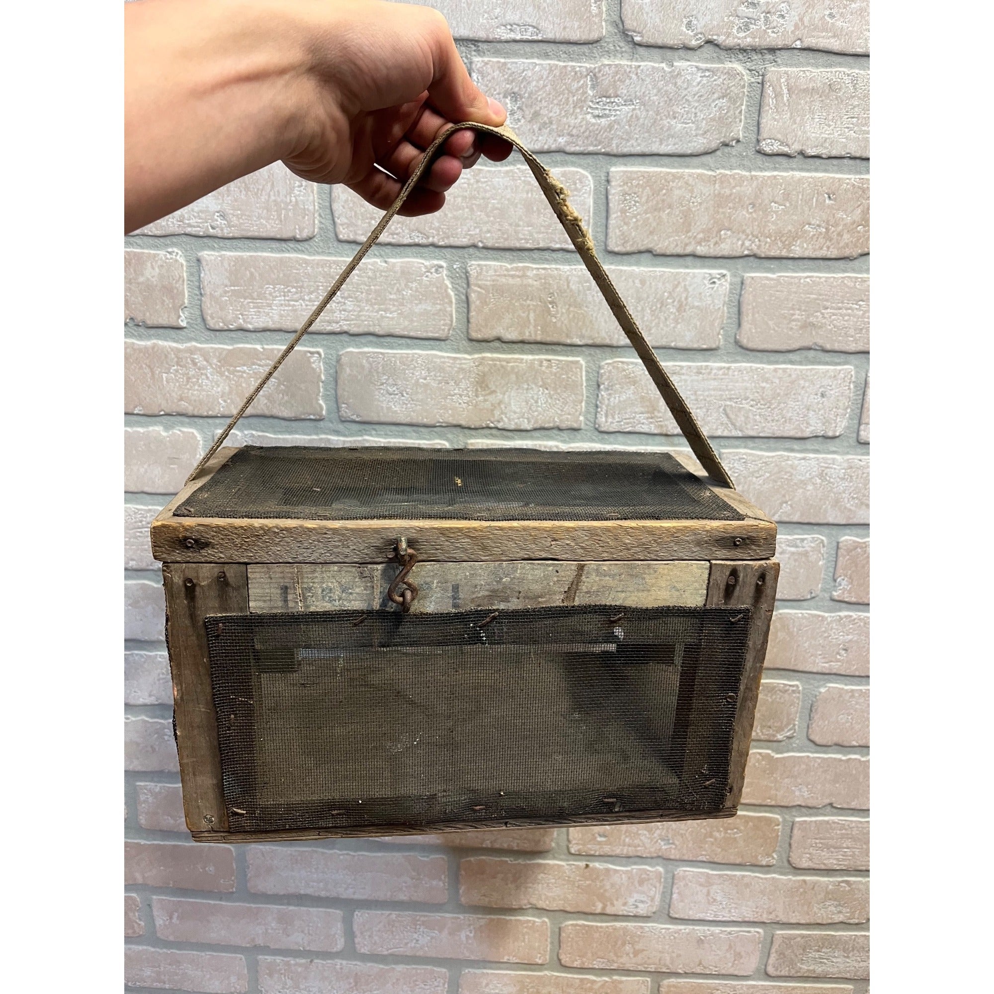 Antique Wooden Cricket Fishing Bait Box Wire Screen Carrier Primitive Cage Handmade 1920s Cabin Decor