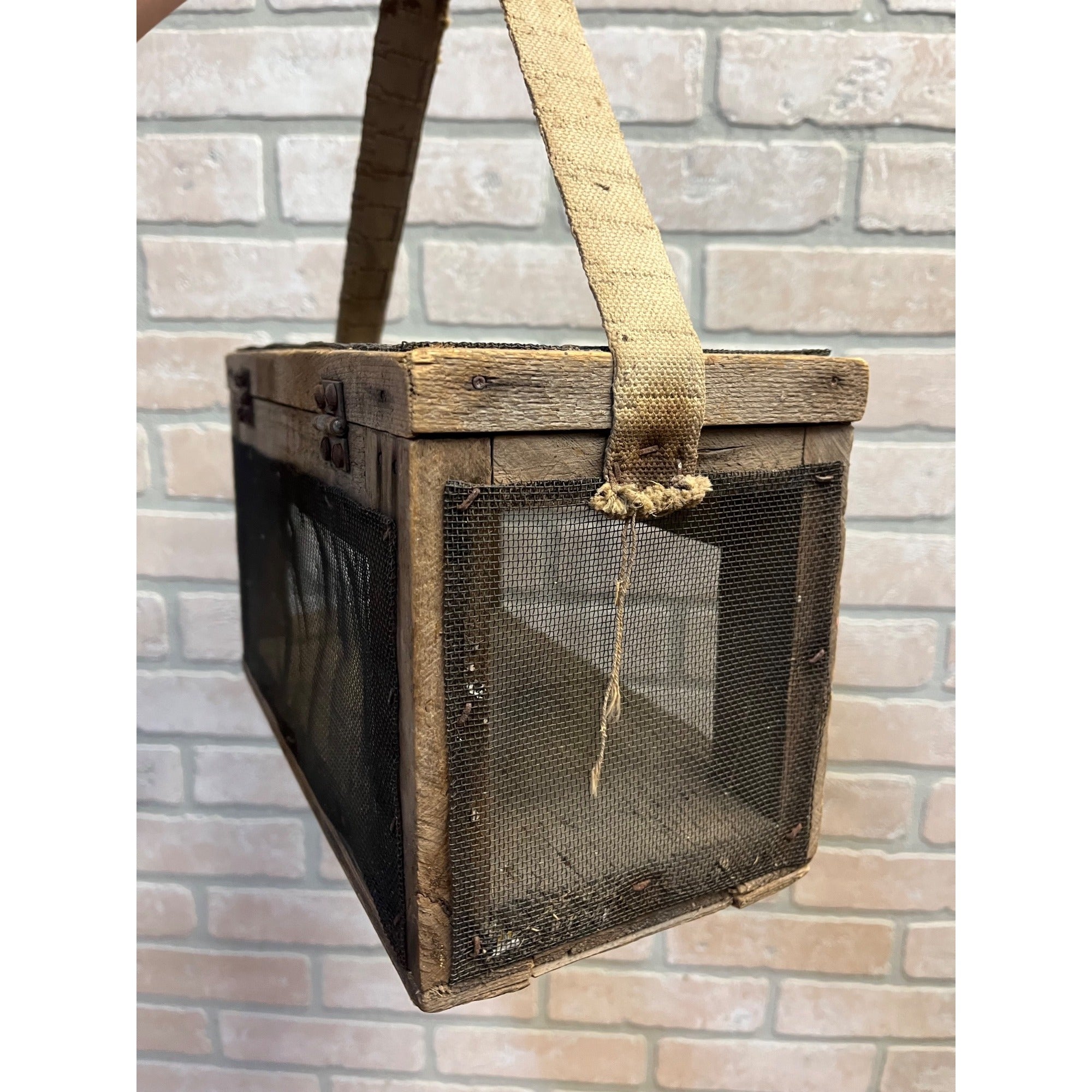 Antique Wooden Cricket Fishing Bait Box Wire Screen Carrier Primitive Cage Handmade 1920s Cabin Decor