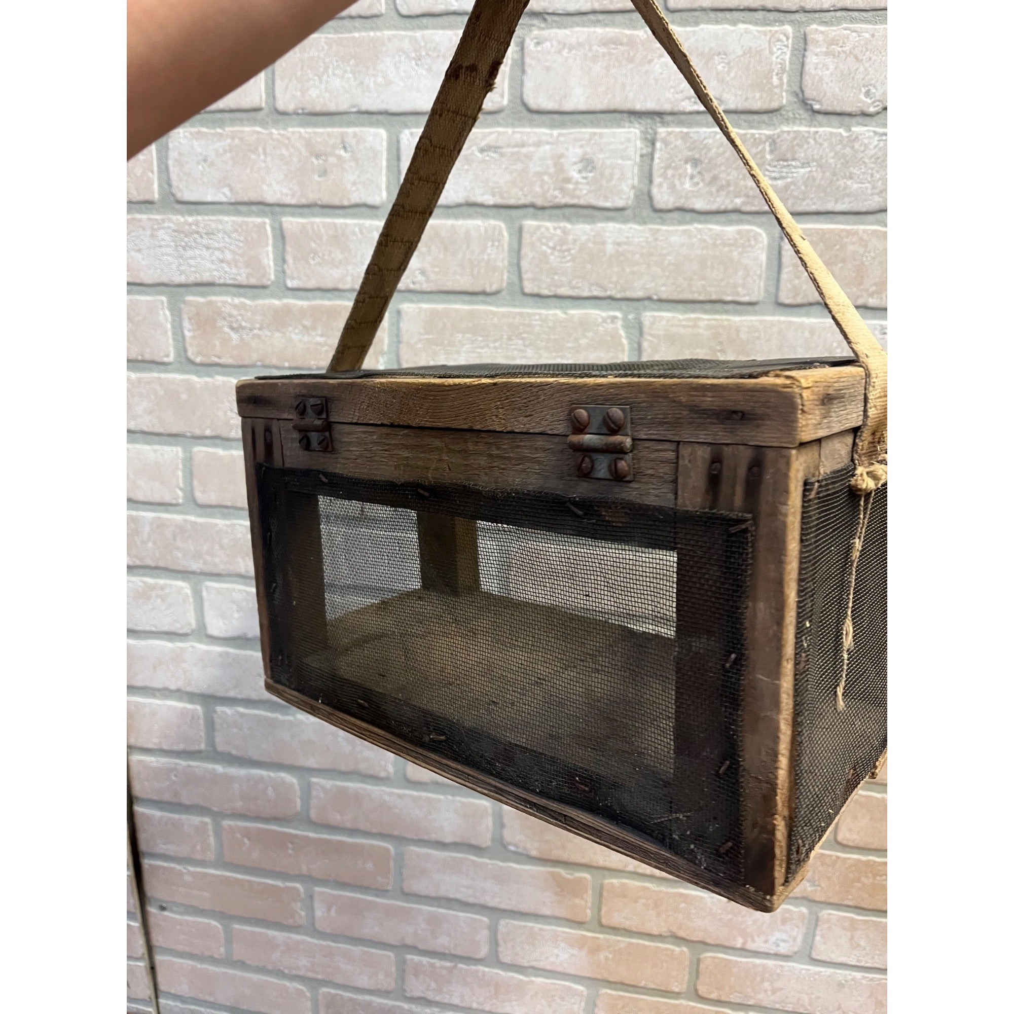 Antique Wooden Cricket Fishing Bait Box Wire Screen Carrier Primitive Cage Handmade 1920s Cabin Decor