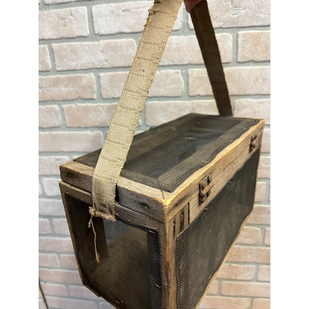 Antique Wooden Cricket Fishing Bait Box Wire Screen Carrier Primitive Cage Handmade 1920s Cabin Decor