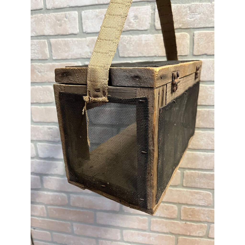Antique Wooden Cricket Fishing Bait Box Wire Screen Carrier Primitive Cage Handmade 1920s Cabin Decor