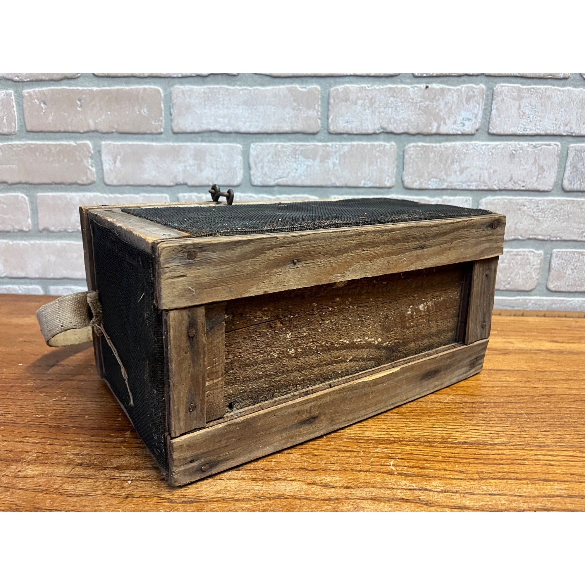 Antique Wooden Cricket Fishing Bait Box Wire Screen Carrier Primitive Cage Handmade 1920s Cabin Decor