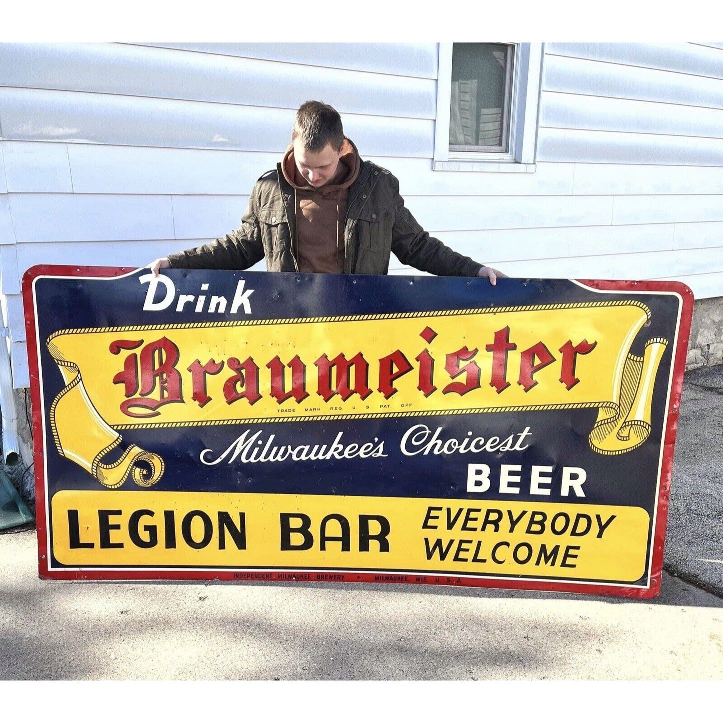 Vintage 1940s Drink Braumeister Milwaukee Beer Metal Advertising Sign 8ft x 5ft