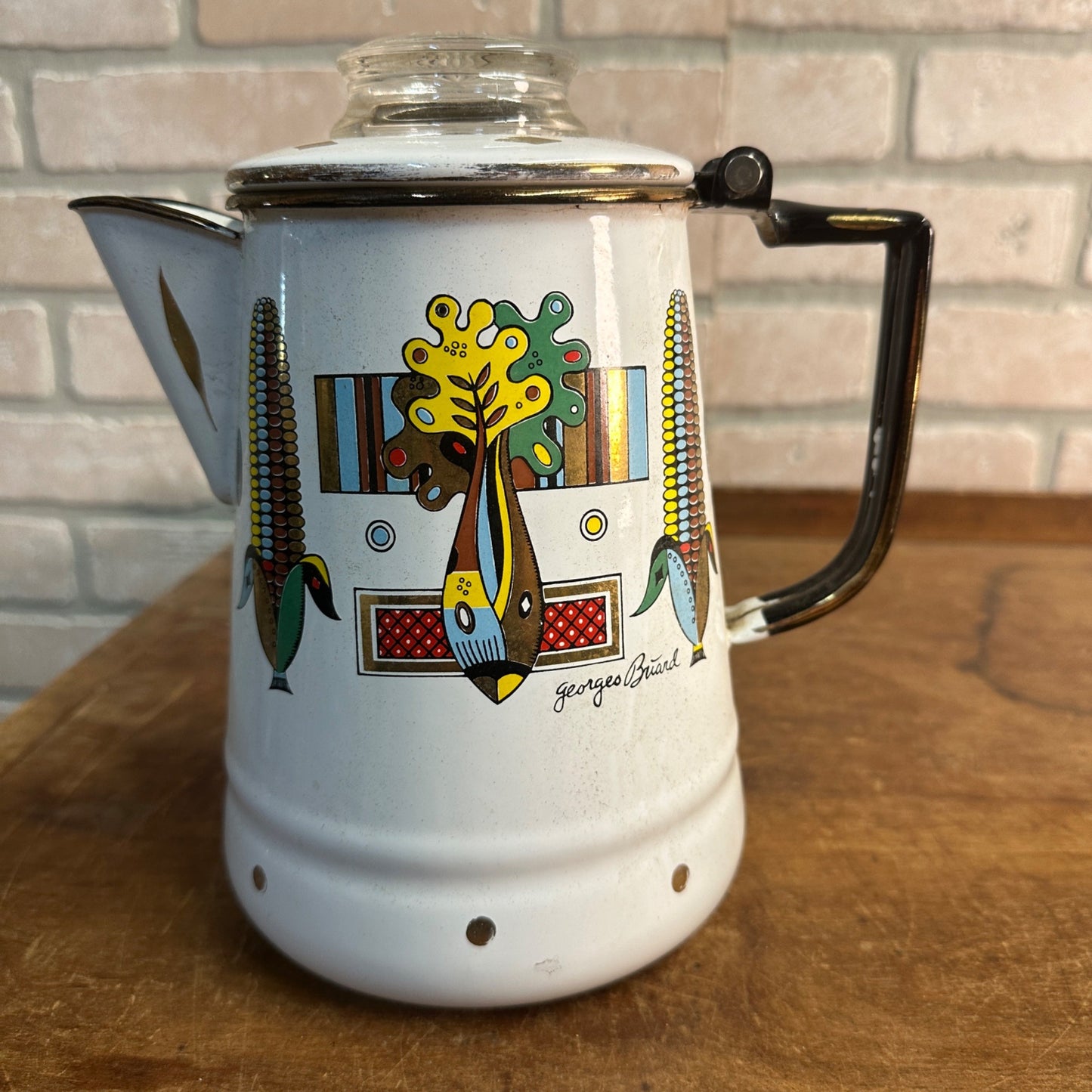 GEORGES BRIARD Vegetables Corn Chard Coffee Pot Percolator White Enamel