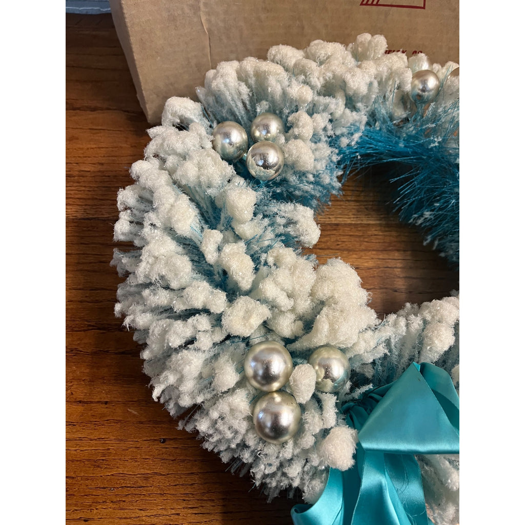 Vintage 16” Puleos Novelty Bottle Brush Christmas Wreath Flocked Mercury Glass