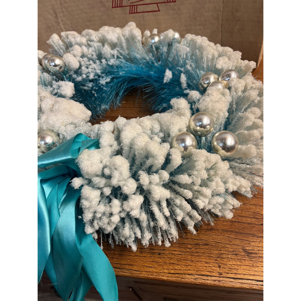 Vintage 16” Puleos Novelty Bottle Brush Christmas Wreath Flocked Mercury Glass