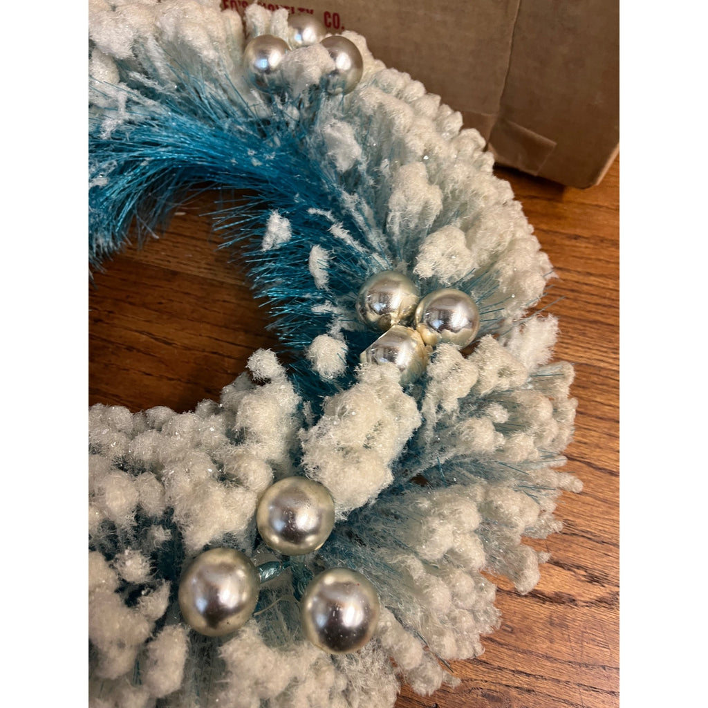 Vintage 16” Puleos Novelty Bottle Brush Christmas Wreath Flocked Mercury Glass