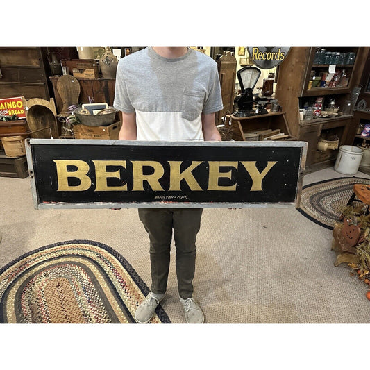 Antique 1900s "BERKEY" Handpainted Wooden Trade Sign Advertising Minnesota