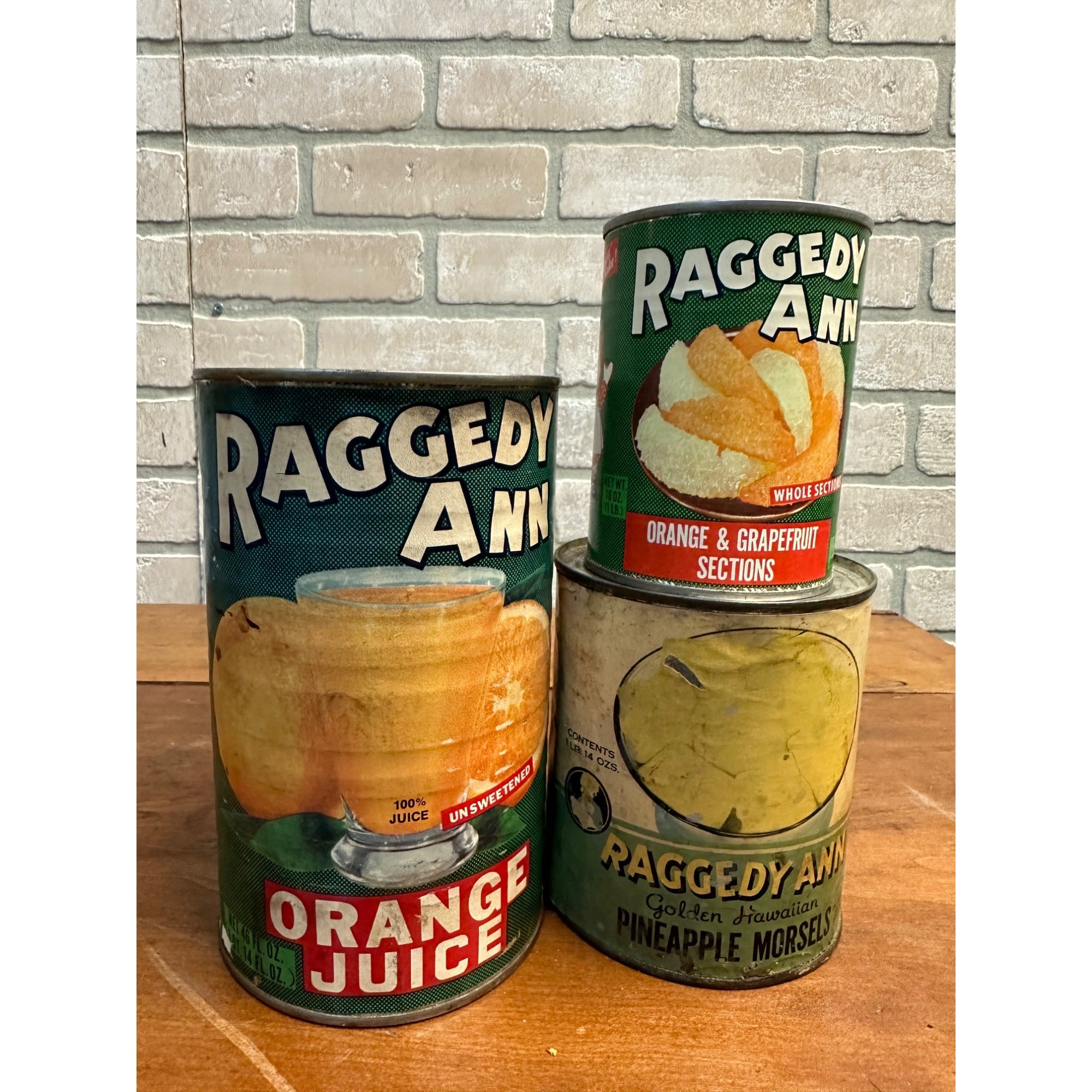 Vintage 1930s Raggedy Ann Tin Paper Label Cans Orange Juice, Pineapple, Grapefruit