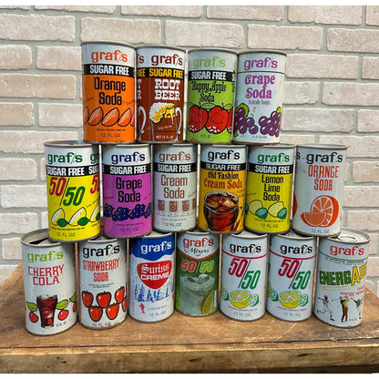 Vintage Graf's Soda Pop Cans (17) Cola Grape 50/50 Steel Pull Tab Flat Milwaukee