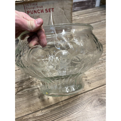 Vintage 26pc Jeannette Glass Crystal Fruit Design Punch Bowl Set New w/ Box