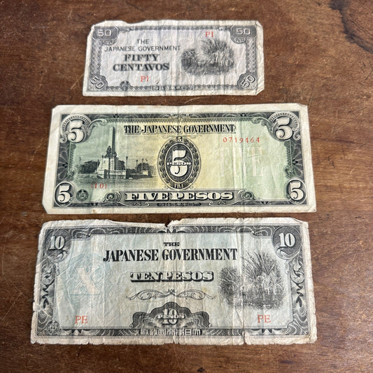 (3) THE JAPANESE GOVERNMENT FIFTY (50) CENTAVOS PAPER MONEY WWII 5 10 Pesos