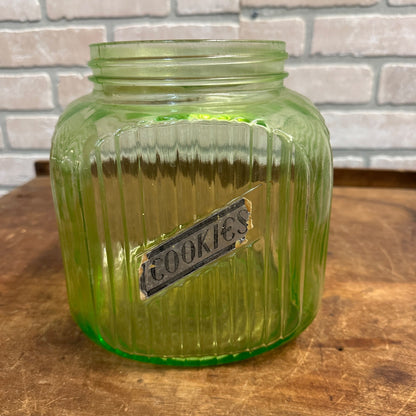 Vintage Hoosier Uranium Vaseline Ribbed Glass Cookie Jar 8” 1930s Art Deco Glows