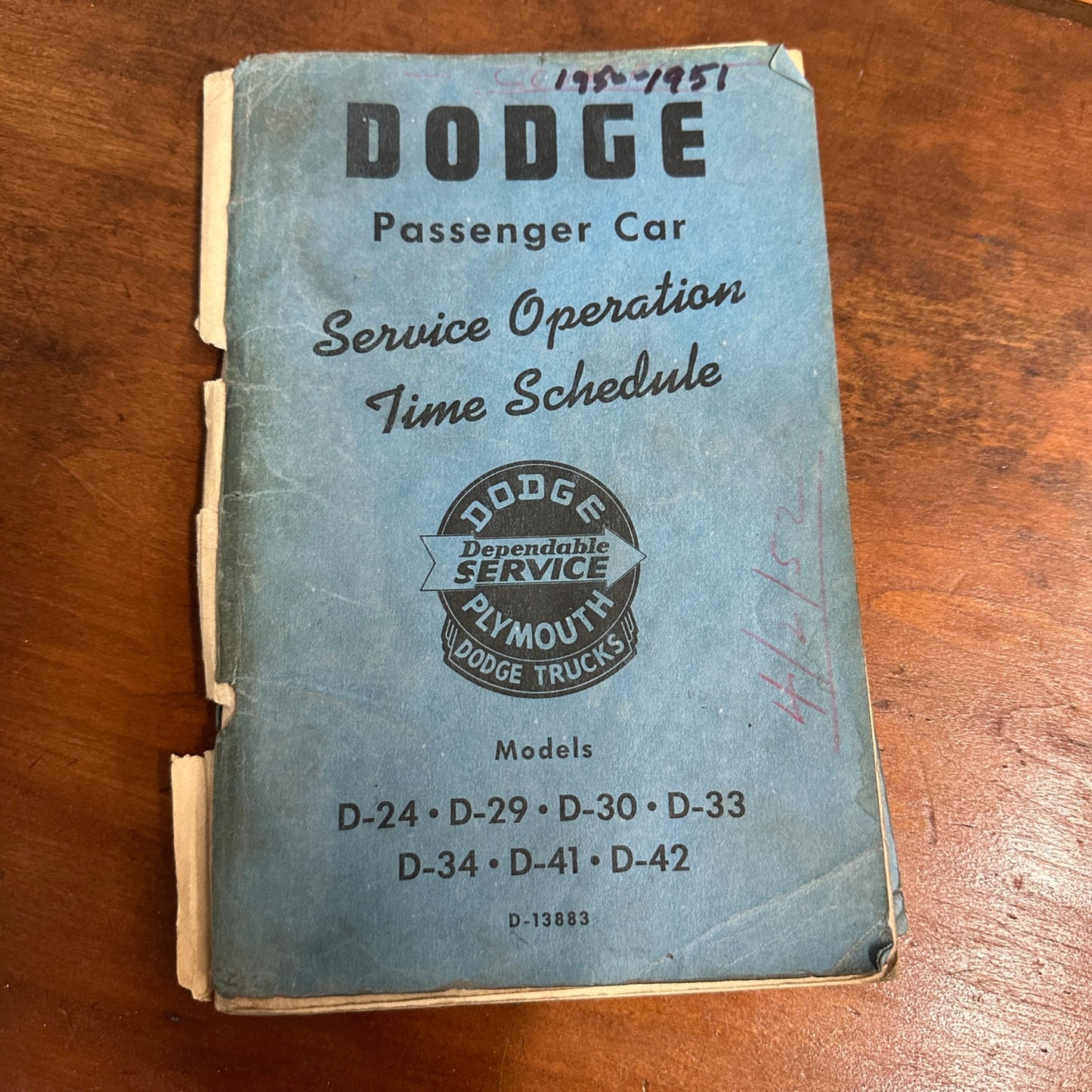 Vintage 1951 Dodge Passenger Car Service Operation Time Schedule Models D-24, D-29, D-30 ++