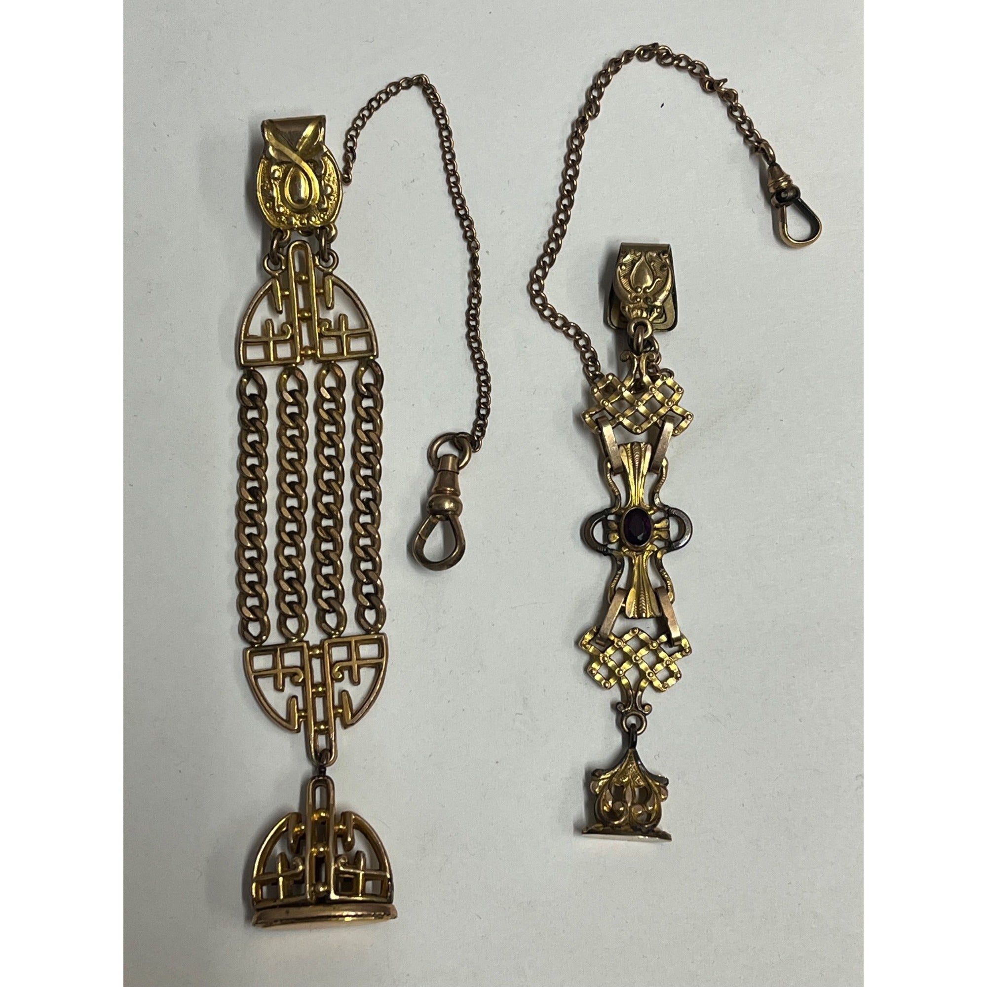 Antique Victorian Mens Pocket Watch Vest Clip Chain Ornate Lot (2) Gold Filled