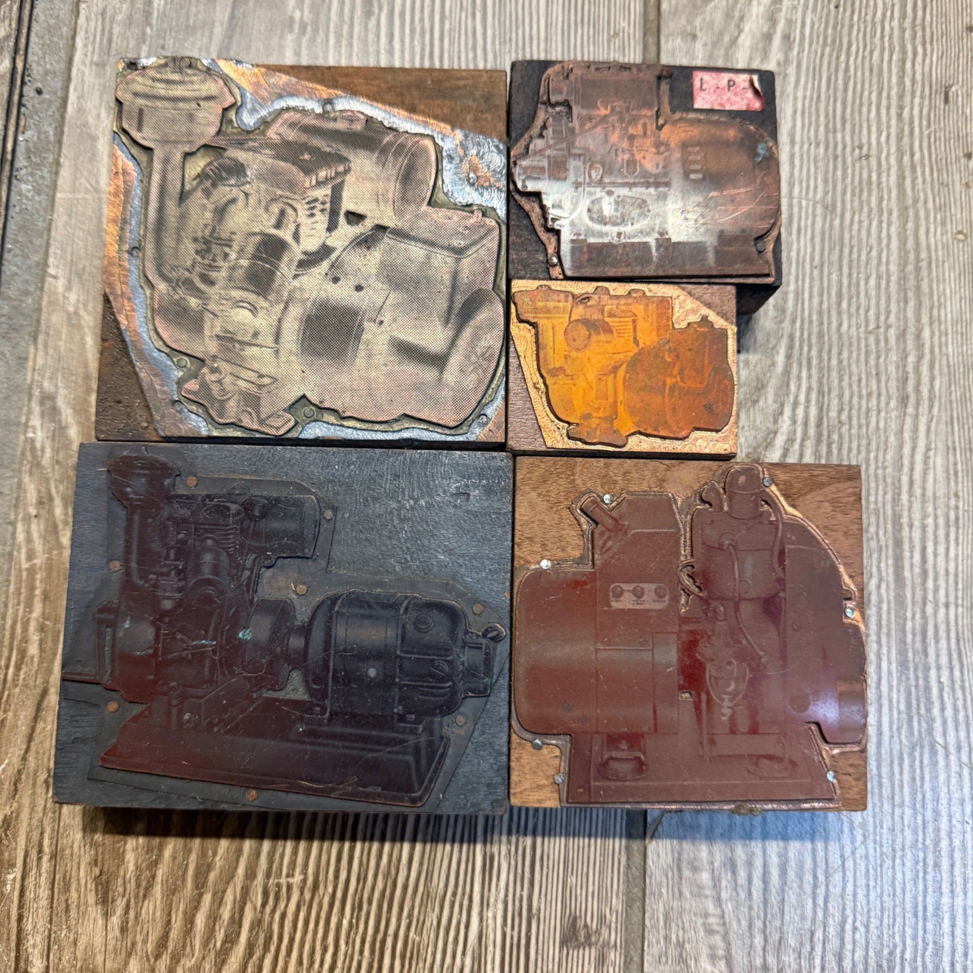 (5) Steampunk Industrial Copper Printing Blocks Small Engines Motor Newspaper