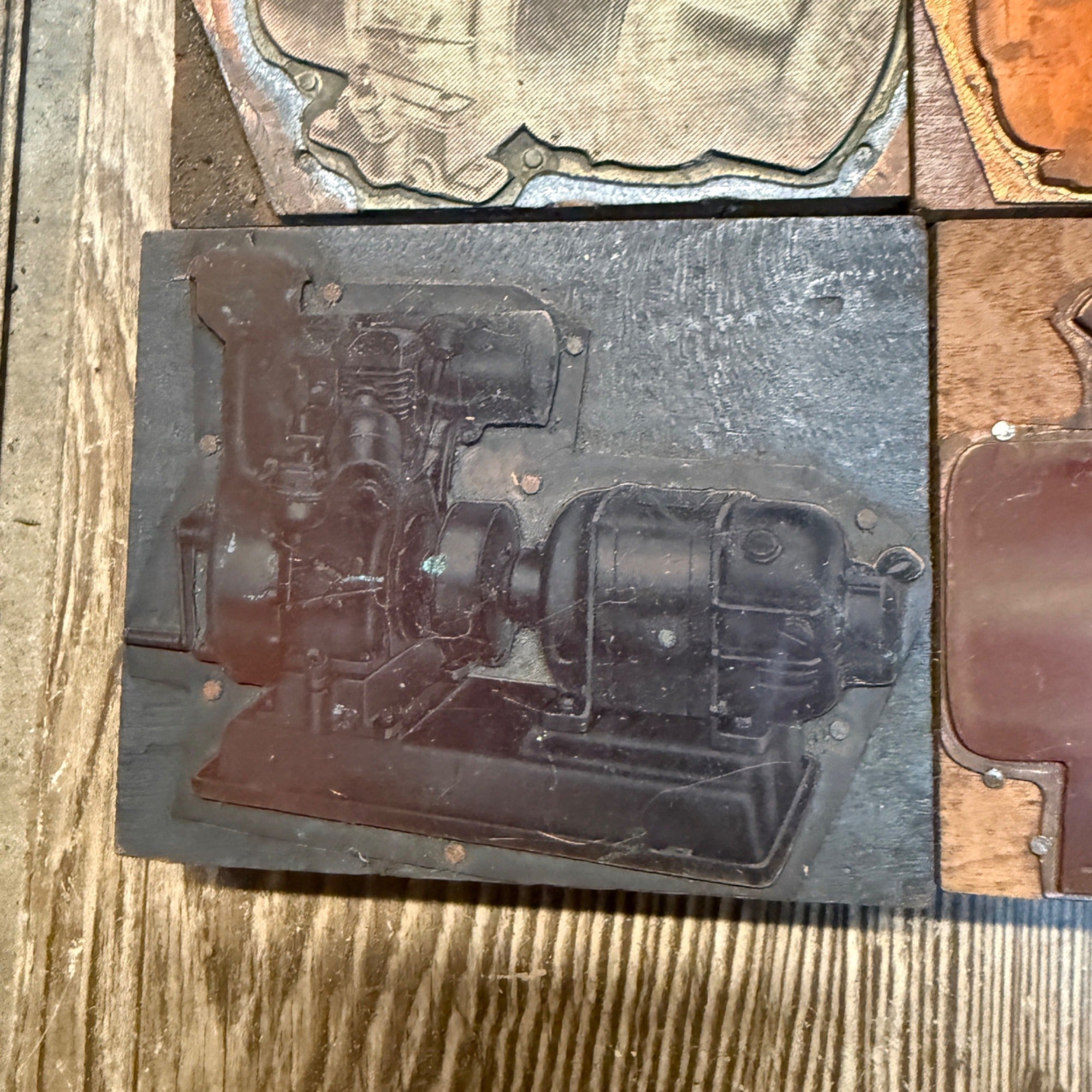 (5) Steampunk Industrial Copper Printing Blocks Small Engines Motor Newspaper