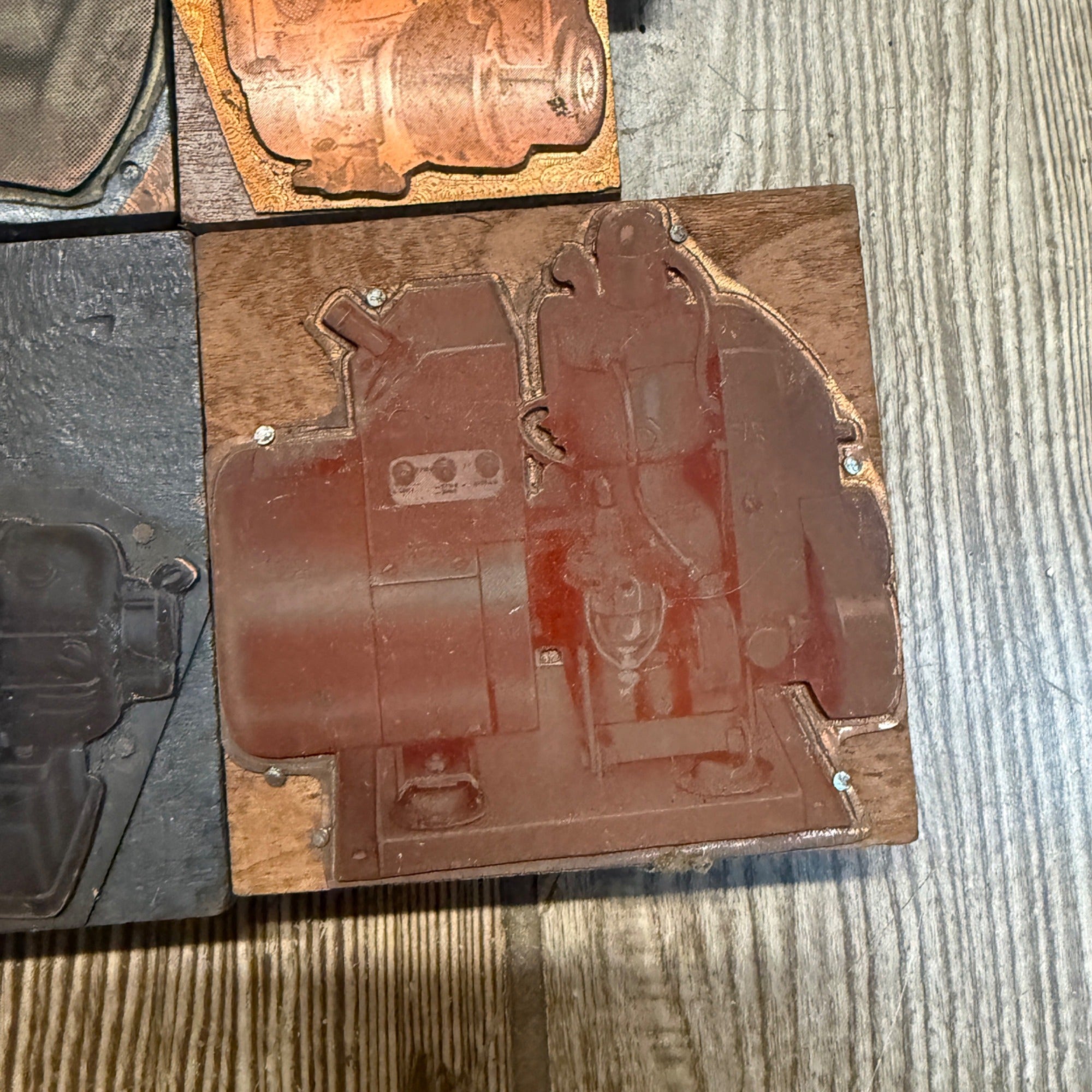 (5) Steampunk Industrial Copper Printing Blocks Small Engines Motor Newspaper