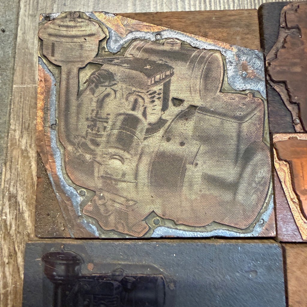 (5) Steampunk Industrial Copper Printing Blocks Small Engines Motor Newspaper