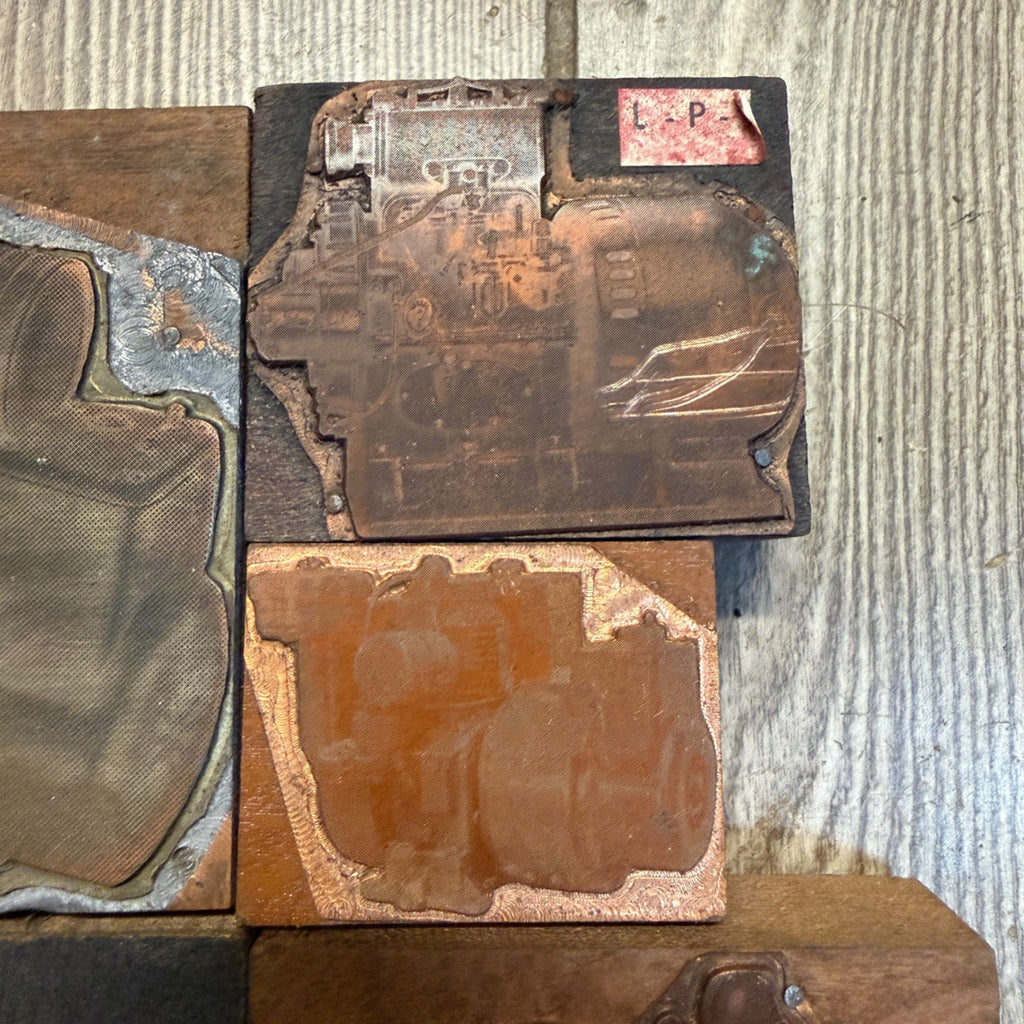(5) Steampunk Industrial Copper Printing Blocks Small Engines Motor Newspaper