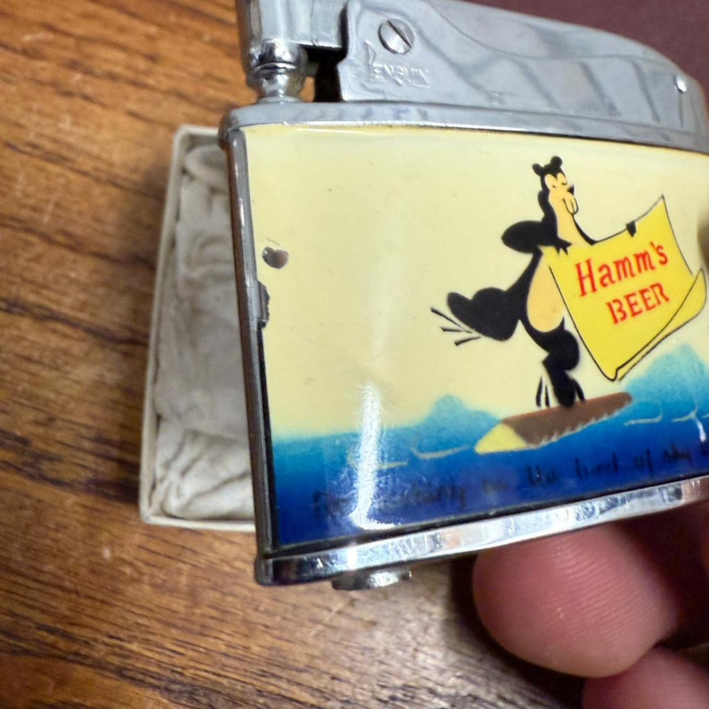 RARE Vintage 1957 Hamm's Beer Penguin Cigarette Lighter w/ Box Logrolling Bear