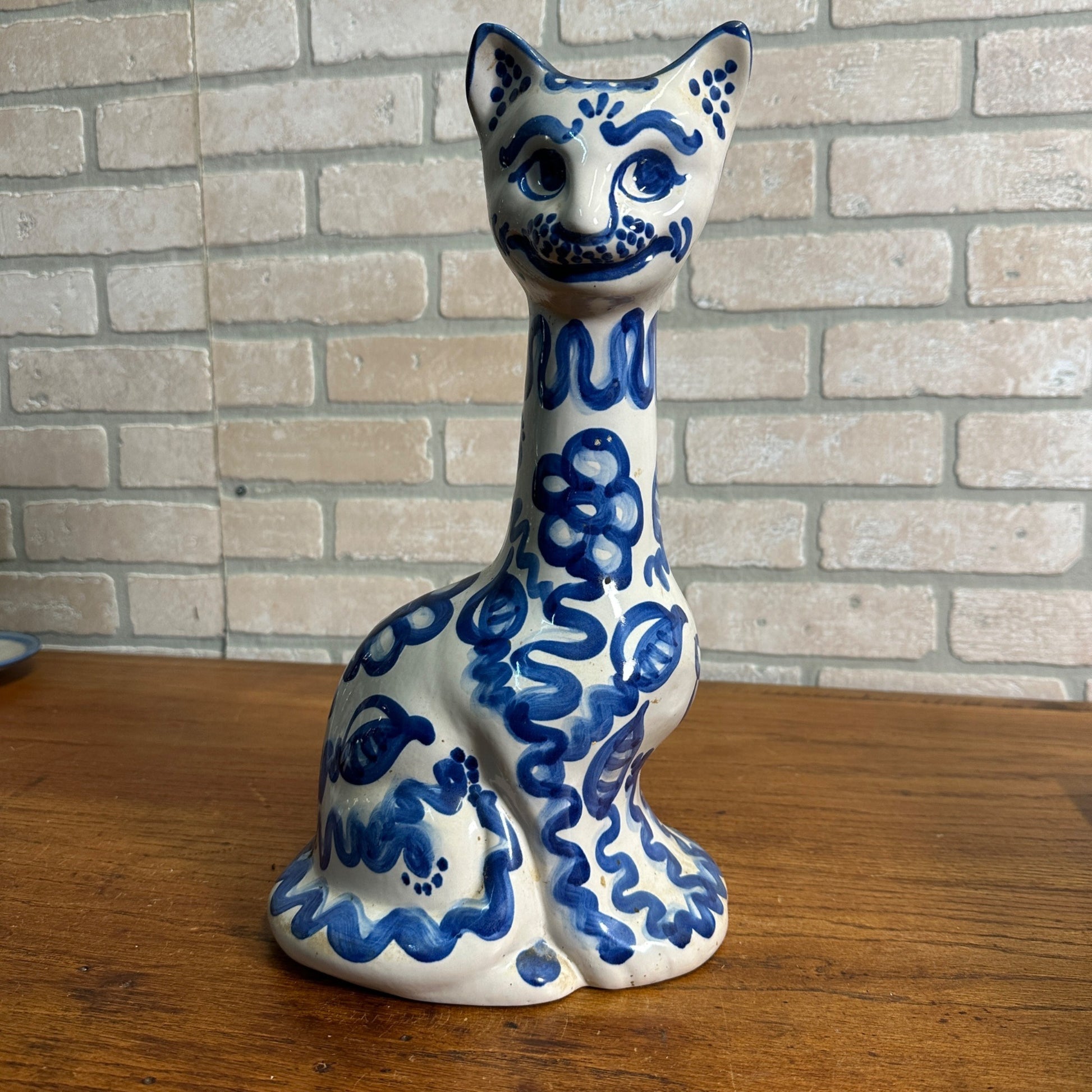 Vintage M. A. Hadley CAT VASE Blue & White Stoneware Pottery