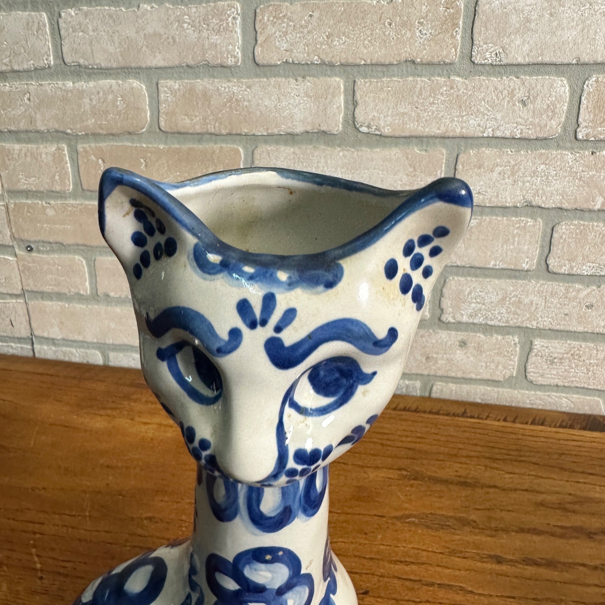 Vintage M. A. Hadley CAT VASE Blue & White Stoneware Pottery