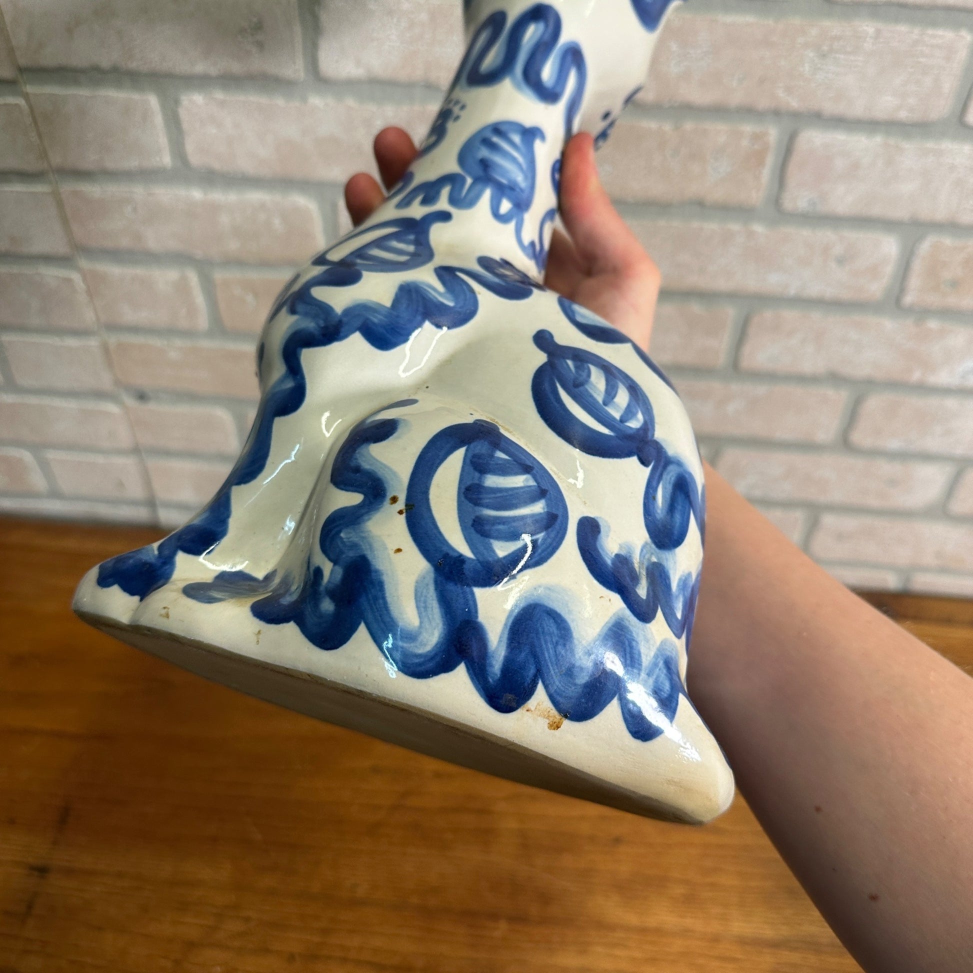 Vintage M. A. Hadley CAT VASE Blue & White Stoneware Pottery