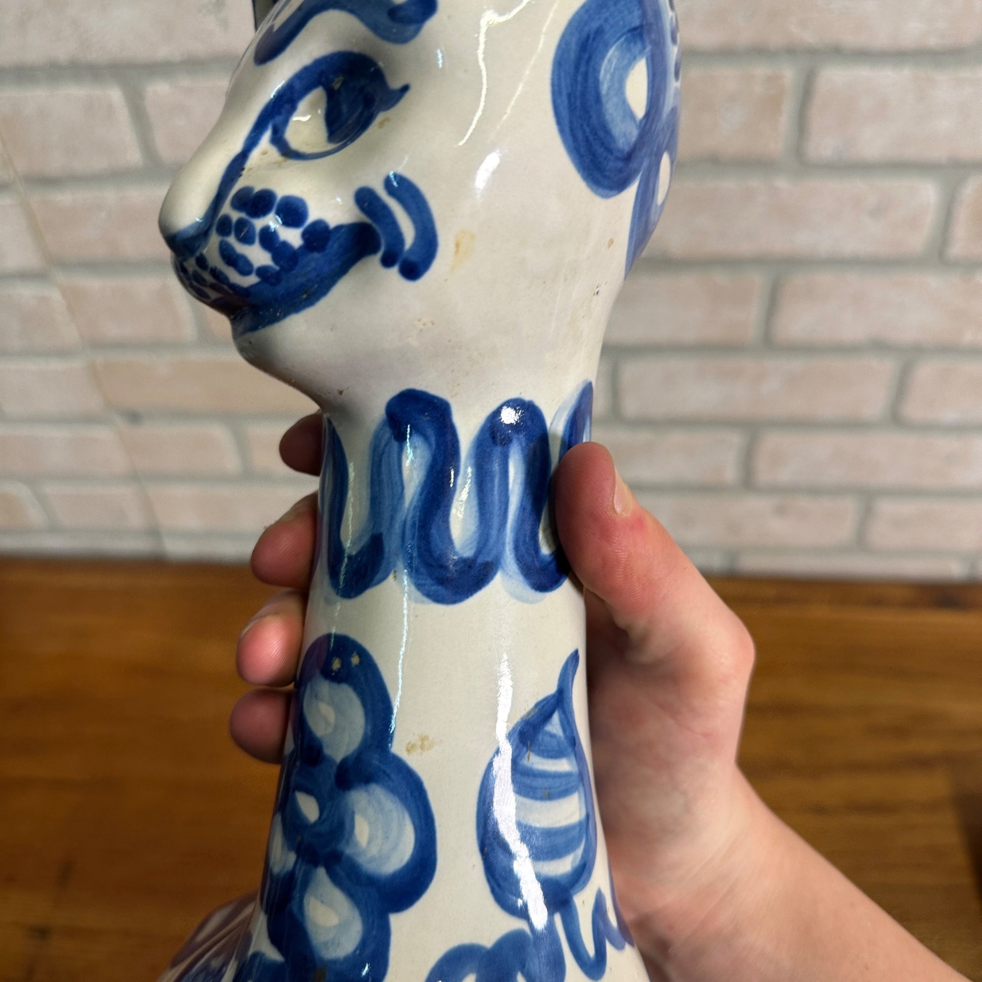 Vintage M. A. Hadley CAT VASE Blue & White Stoneware Pottery