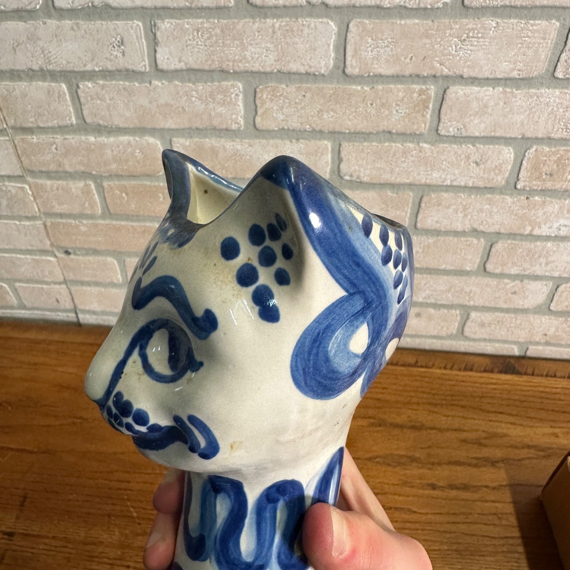 Vintage M. A. Hadley CAT VASE Blue & White Stoneware Pottery