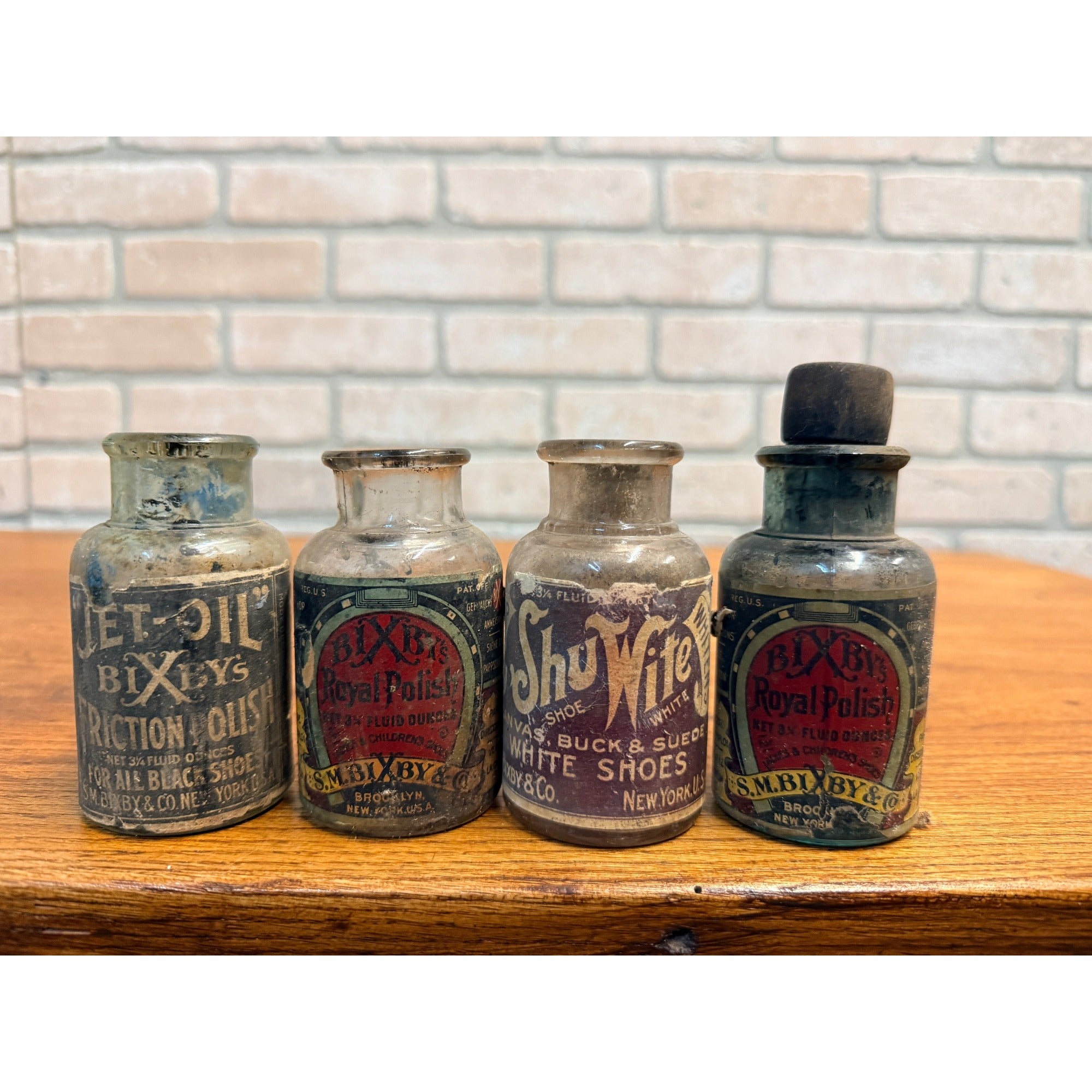 Vintage 1920s Shoe Polish S.W. Bixby & Co. Advertising Bottles Jars Lot (4)