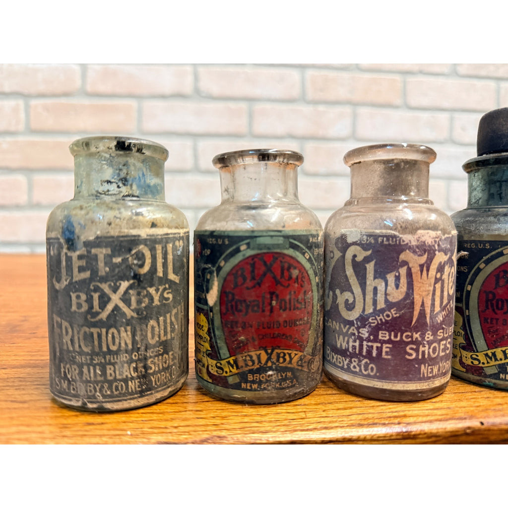 Vintage 1920s Shoe Polish S.W. Bixby & Co. Advertising Bottles Jars Lot (4)