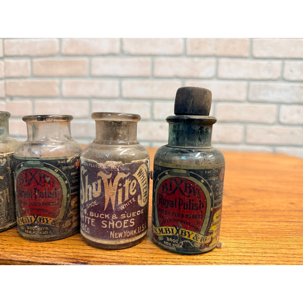 Vintage 1920s Shoe Polish S.W. Bixby & Co. Advertising Bottles Jars Lot (4)
