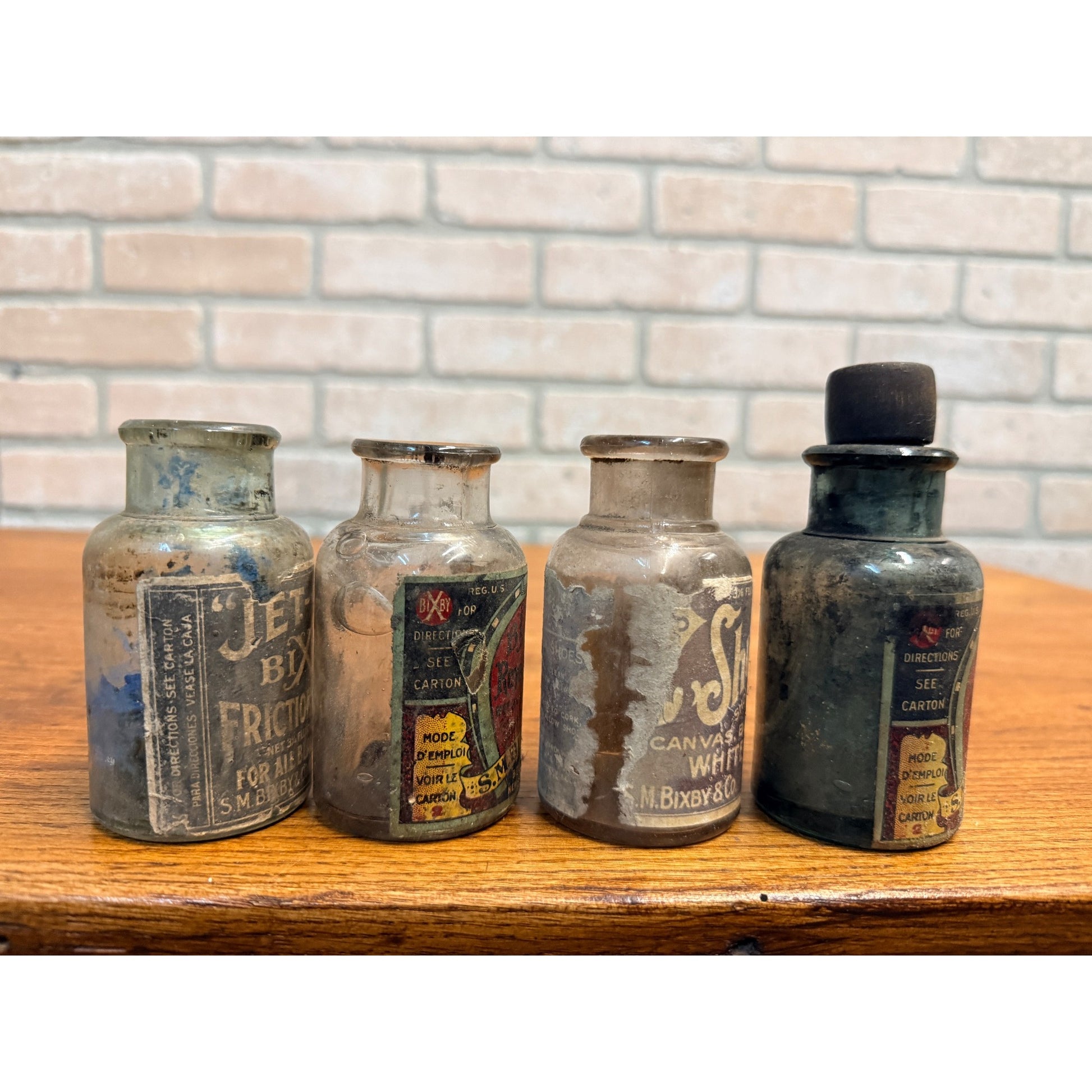 Vintage 1920s Shoe Polish S.W. Bixby & Co. Advertising Bottles Jars Lot (4)