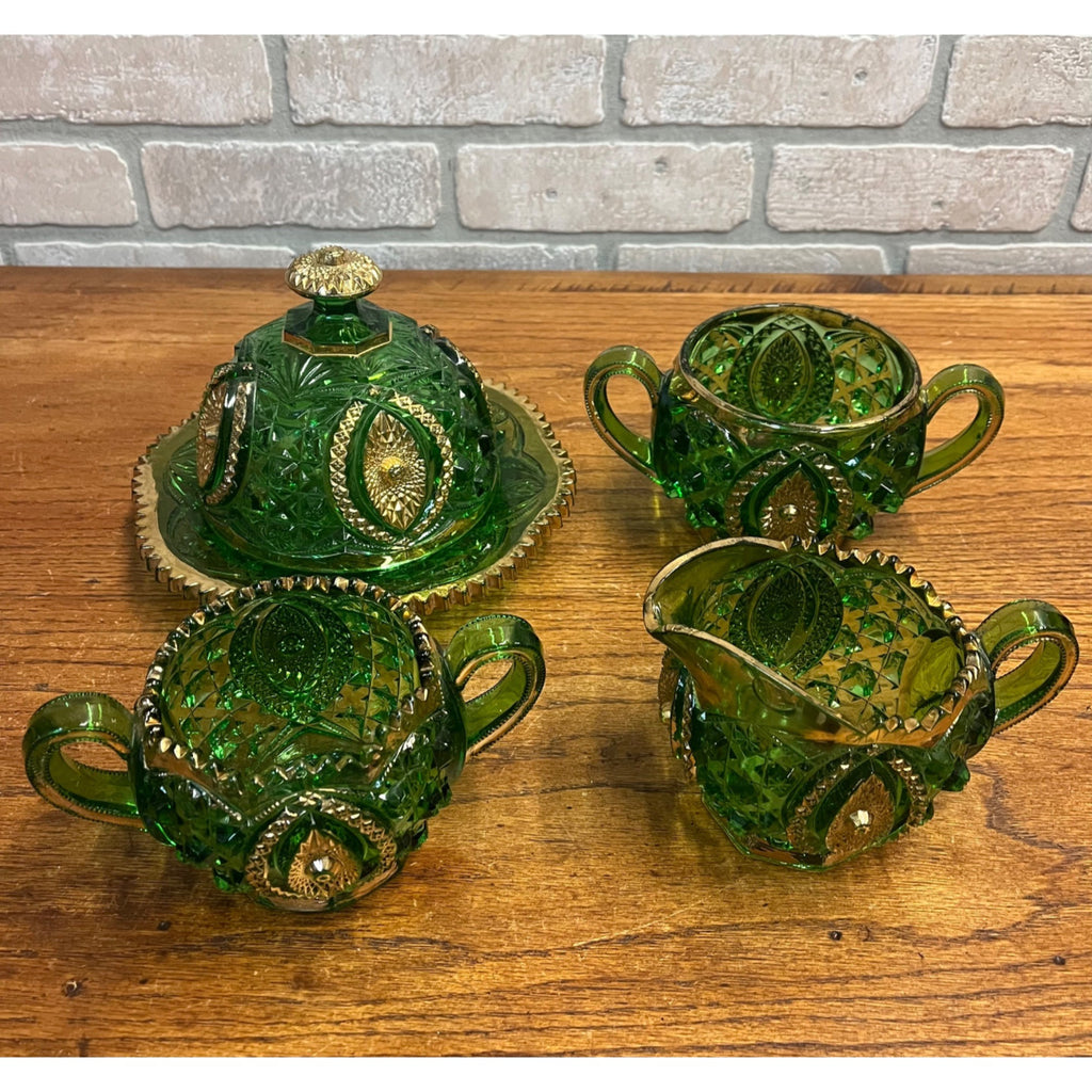 Antique EAPG Northwoods Emerald Green Butter Dish Sugar Bowl Condiment Bowl SET