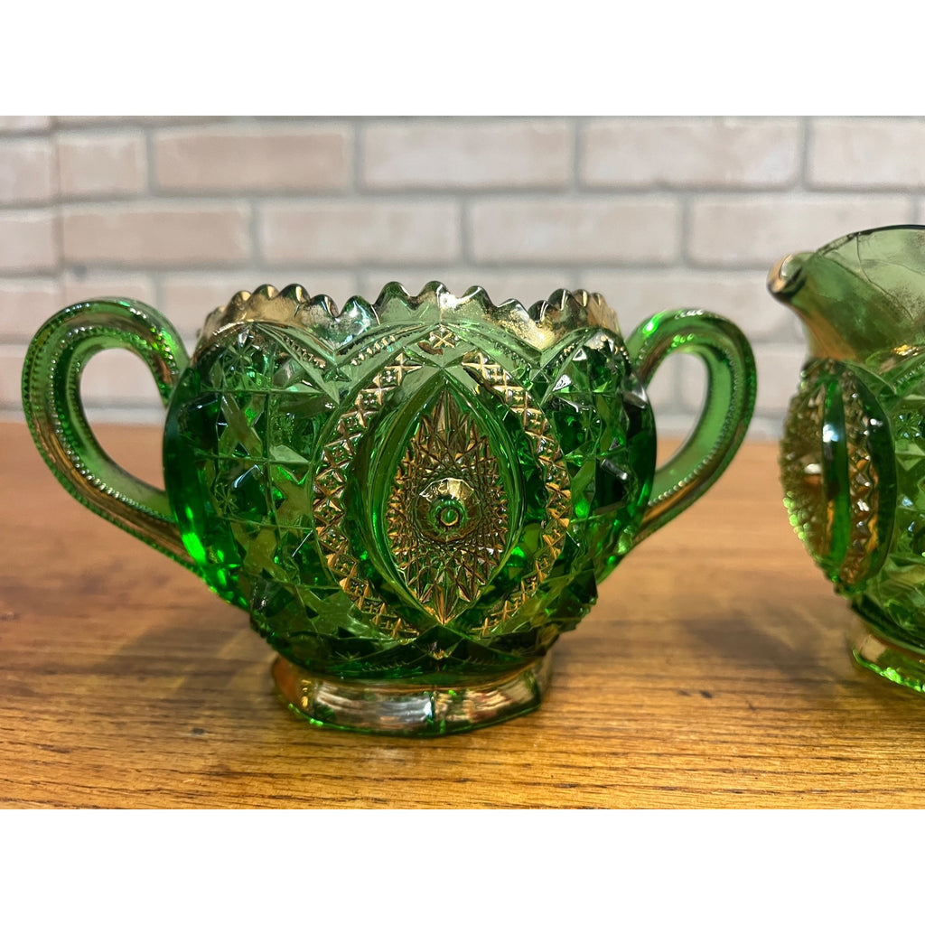 Antique EAPG Northwoods Emerald Green Butter Dish Sugar Bowl Condiment Bowl SET