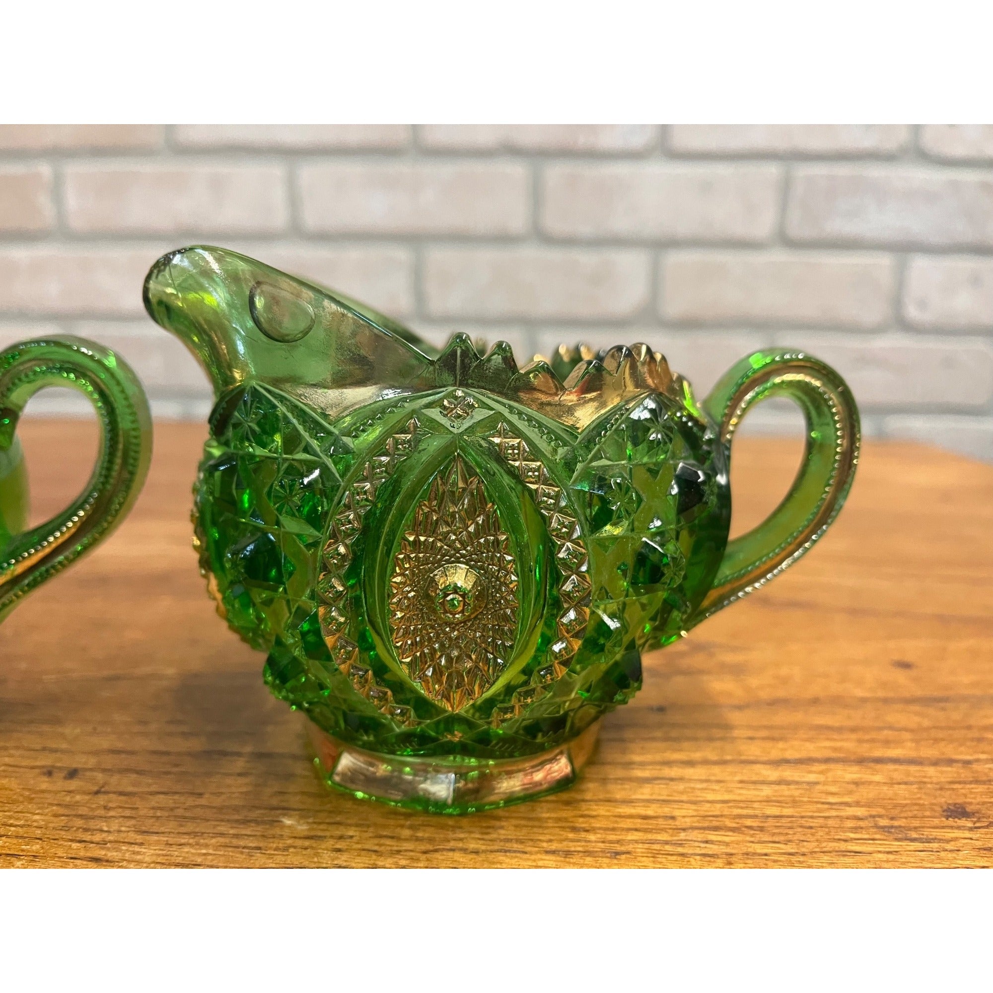 Antique EAPG Northwoods Emerald Green Butter Dish Sugar Bowl Condiment Bowl SET