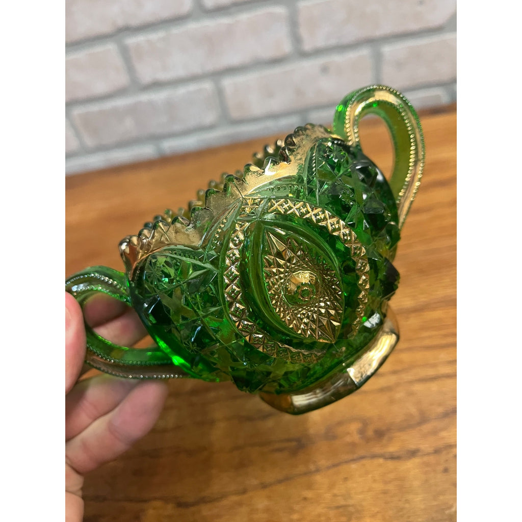 Antique EAPG Northwoods Emerald Green Butter Dish Sugar Bowl Condiment Bowl SET