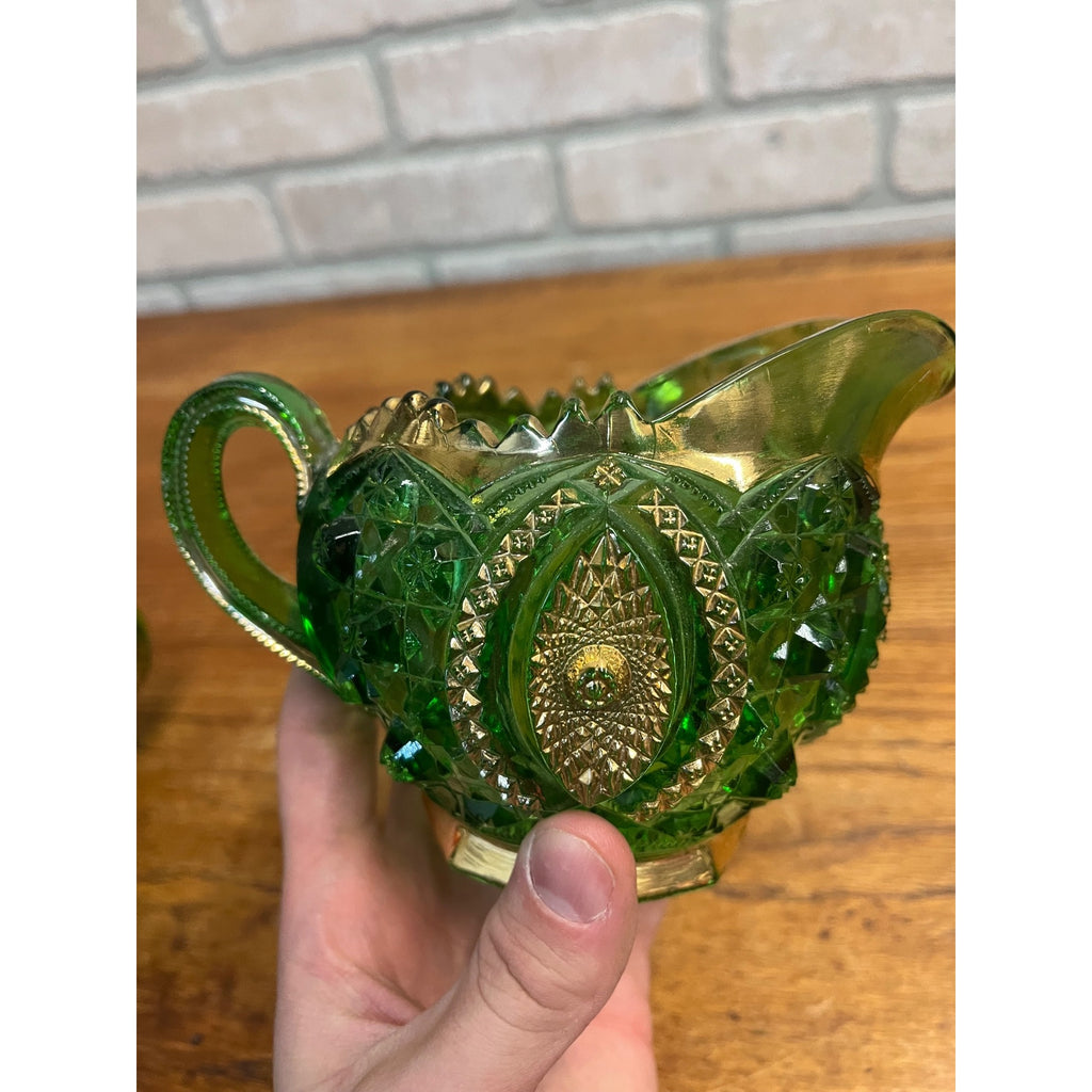 Antique EAPG Northwoods Emerald Green Butter Dish Sugar Bowl Condiment Bowl SET