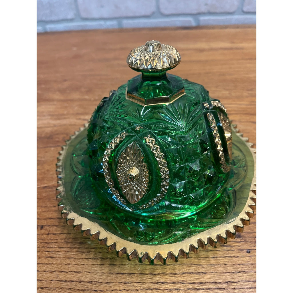 Antique EAPG Northwoods Emerald Green Butter Dish Sugar Bowl Condiment Bowl SET