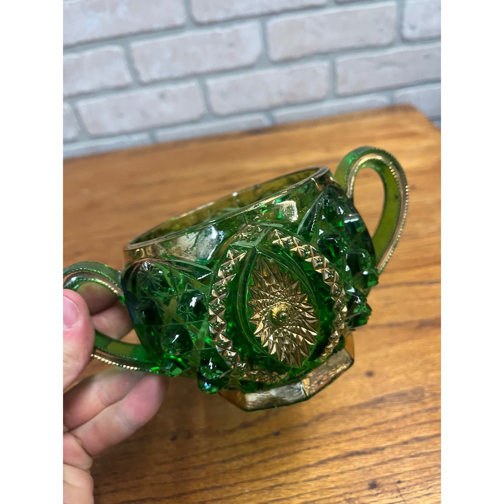 Antique EAPG Northwoods Emerald Green Butter Dish Sugar Bowl Condiment Bowl SET