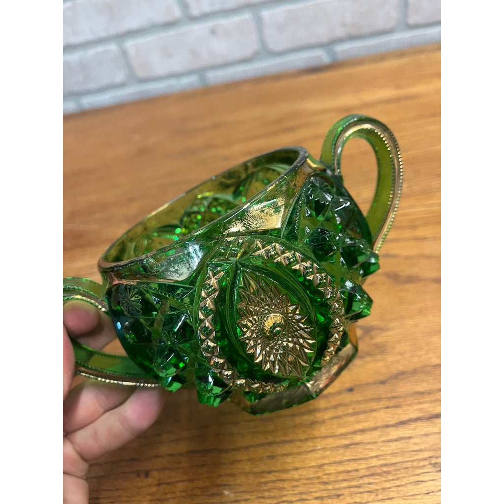 Antique EAPG Northwoods Emerald Green Butter Dish Sugar Bowl Condiment Bowl SET