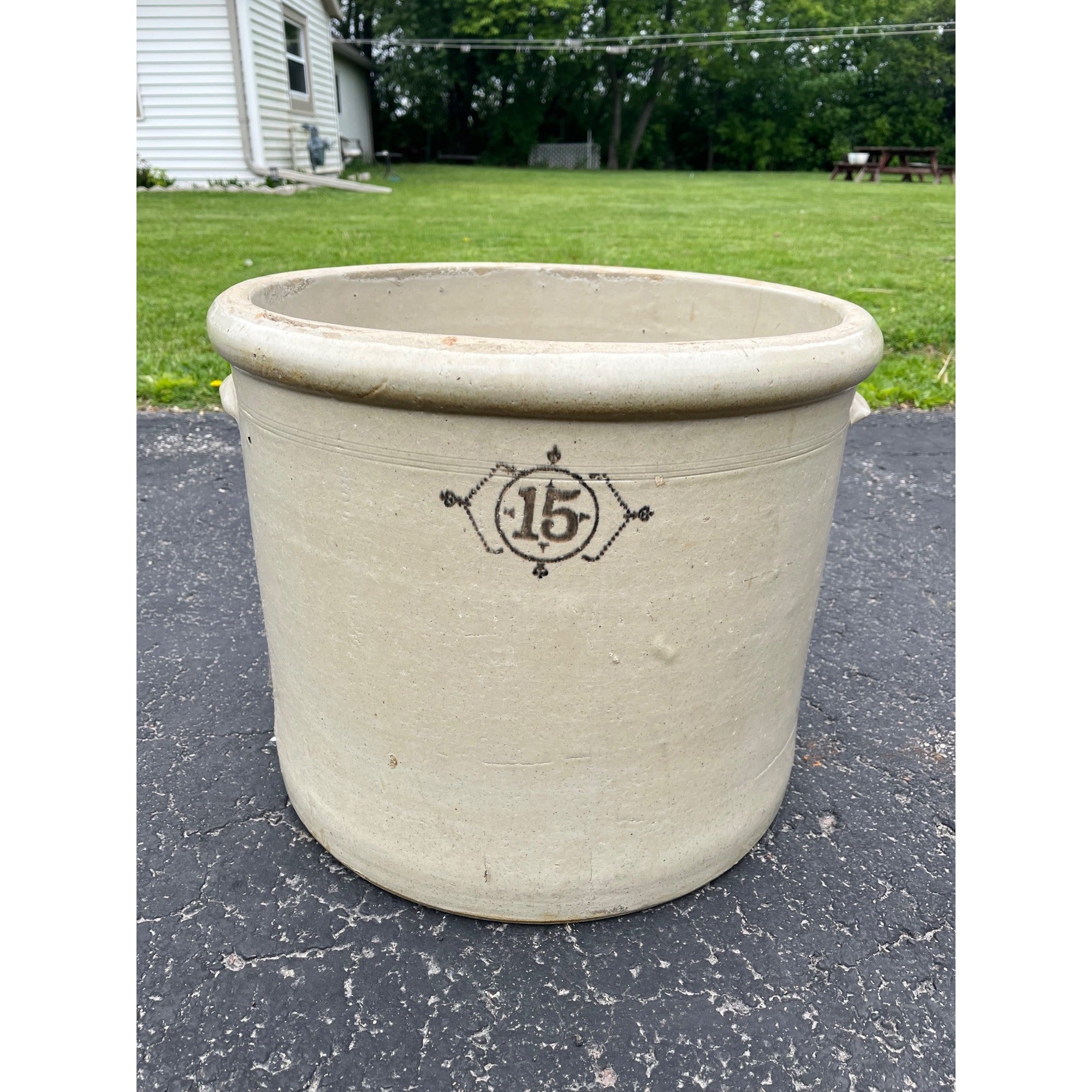 Antique Monmouth Pottery Co. 15 Gallon Stoneware Crock Rare Squatty Size