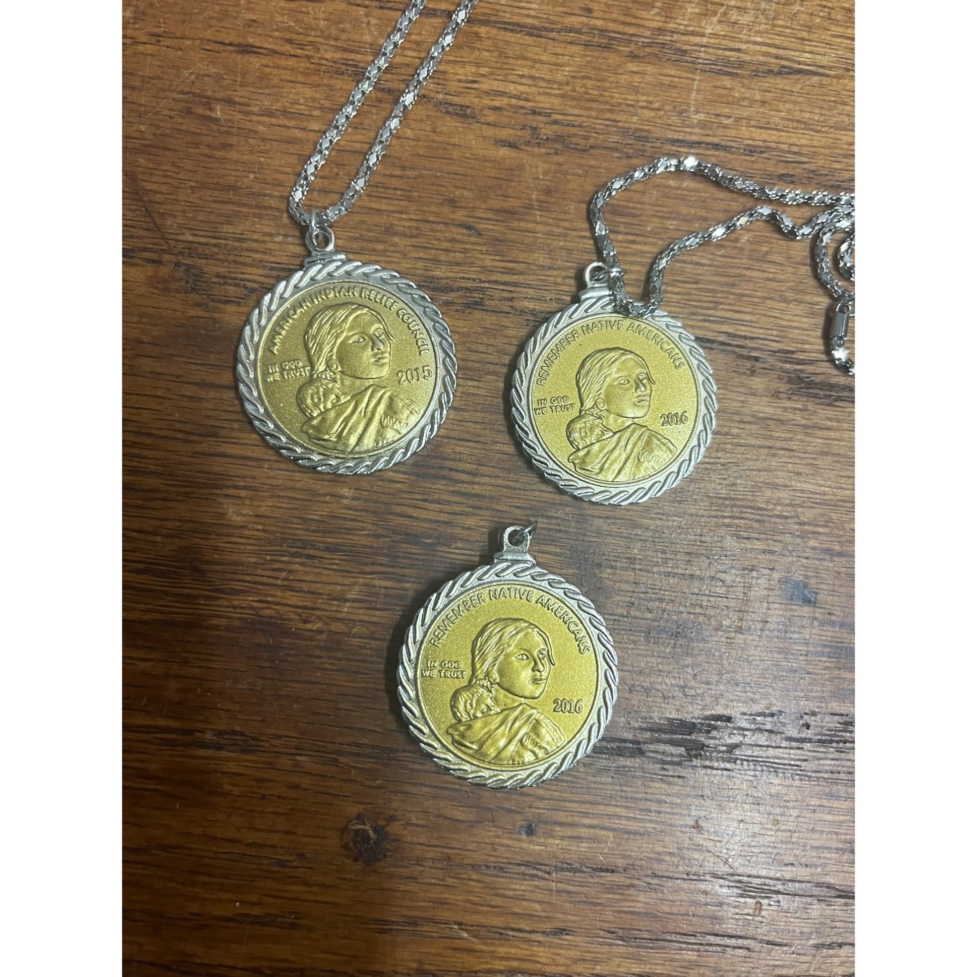 American Indian Relief Council Sacagawea Coin Pendants Necklaces Lot (3)