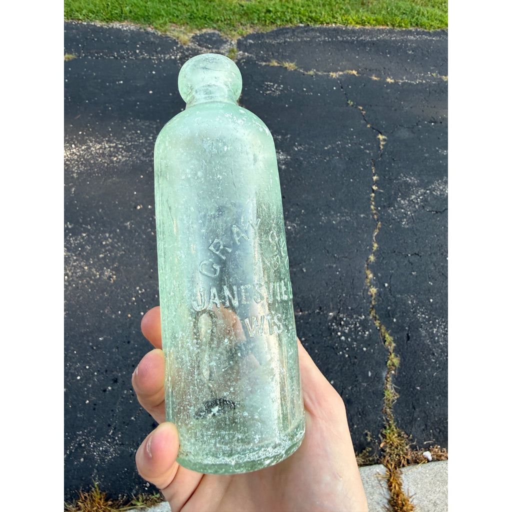 Antique Gray & Co Blob Top Soda Bottle Janesville Wi Wisconsin Hutchinson Aqua Blue