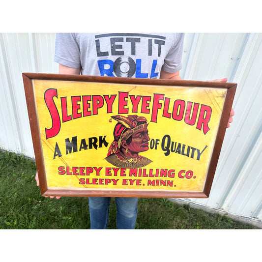 Original Sleepy Eye Flour Paper Litho Framed Sign Advertising Native American